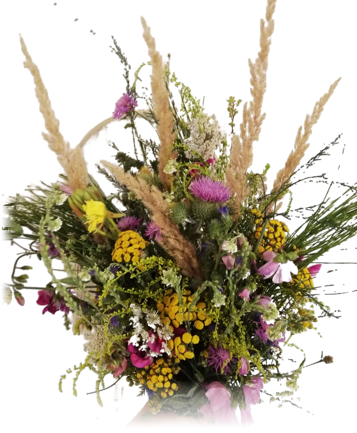 En vild bukett med gräs, renfana, tistlar och rosa blommor, liggande på omslagspappret
